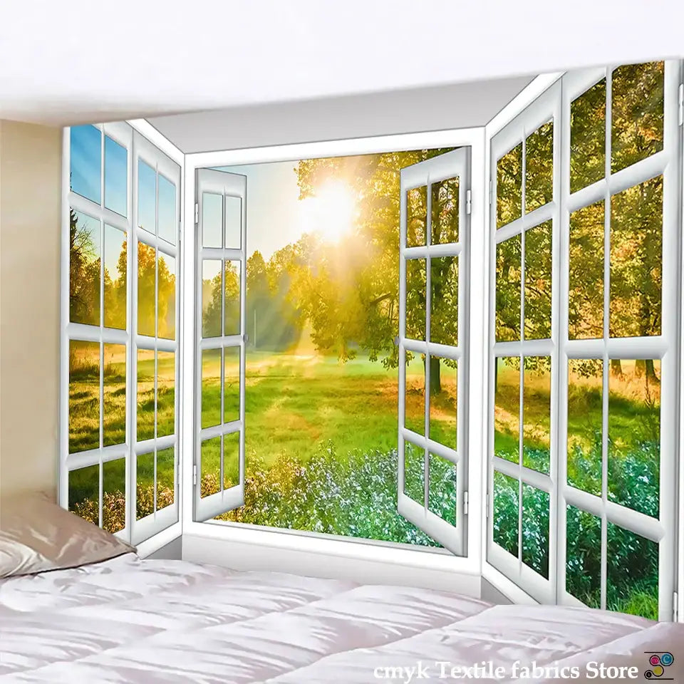White three-panel window wall tapestry depicting a sunlit green field with trees for decorbites 3d landscape decor