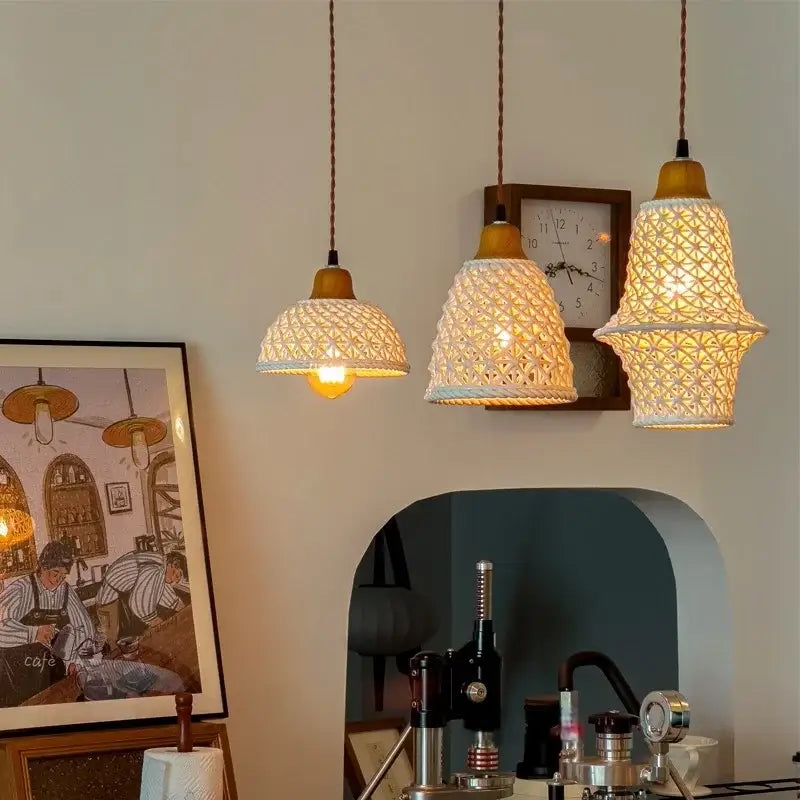 Three warm-toned bamboo woven pendant lights with brass tops for kitchen dining decorbites ceramic led pendant