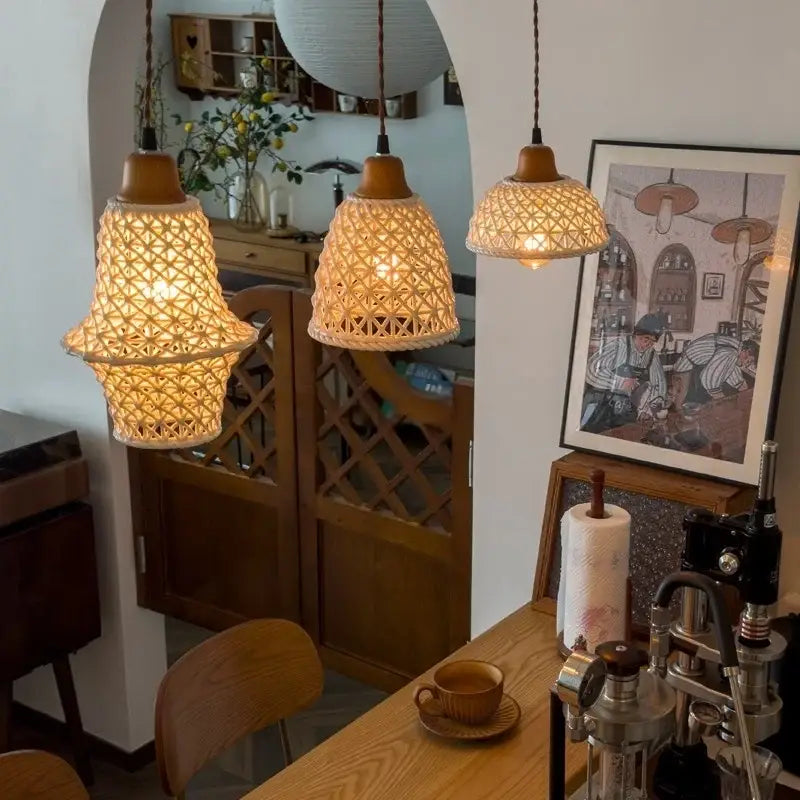 Three warm-toned woven rattan pendant lights with wooden tops for kitchen dining room decorbites ceramic led pendant