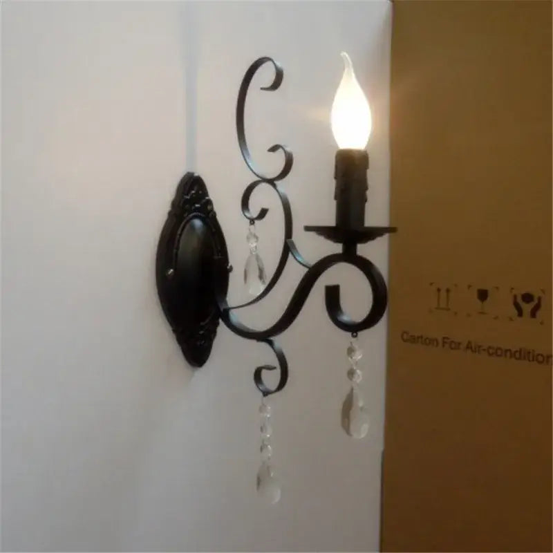 Black wrought iron wall lamp with crystal deco loft teardrop pendants and candle-style bulb for elegant decorbites decor
