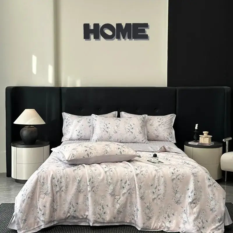 Elegant ivory satin quilt set with gray botanical embroidery by decorbites cool silk summer bedroom bedding