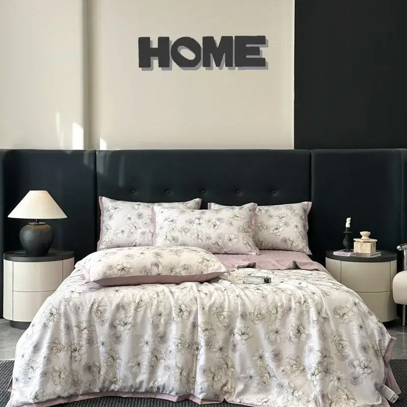 White zebra print cool silk summer quilt set with delicate gray floral pattern and subtle pink edge accents by decorbites cool silk