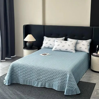 Light blue quilted bedspread with ruffled edge from white zebra print decorbites cool silk summer quilt set