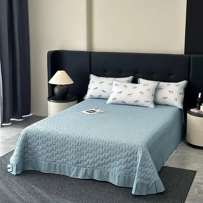 Light blue quilted bedspread with ruffled edge from white zebra print decorbites cool silk summer quilt set