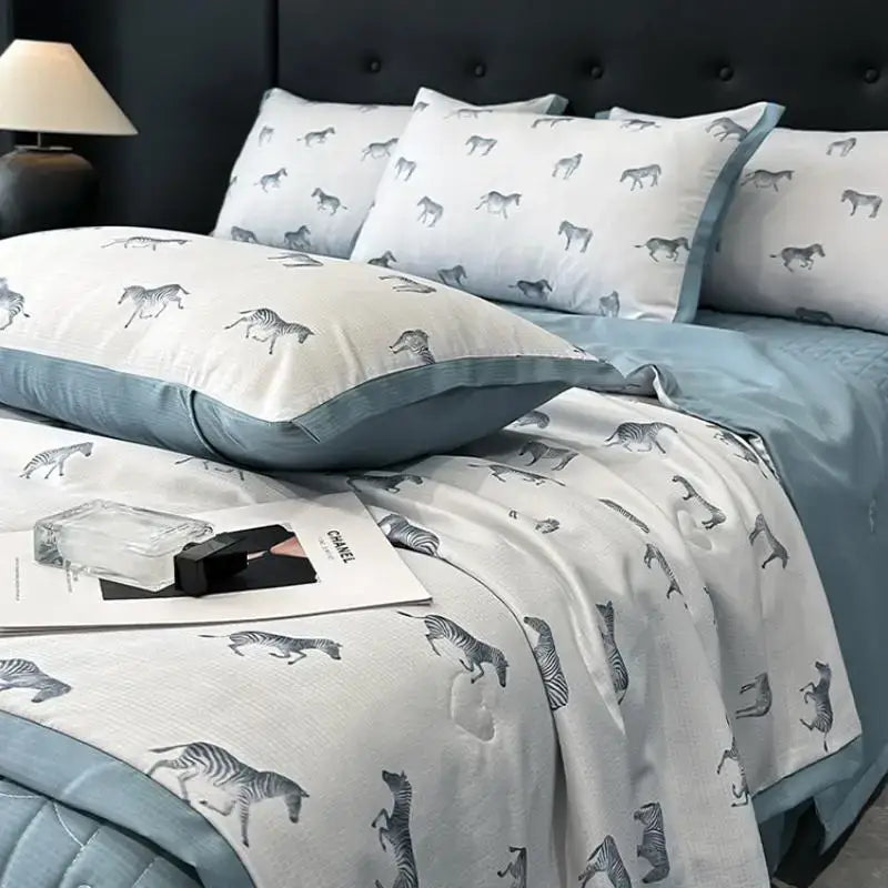 White zebra print cool silk summer quilt set with gray zebra pattern and light blue piping for bedroom decorbites cool silk