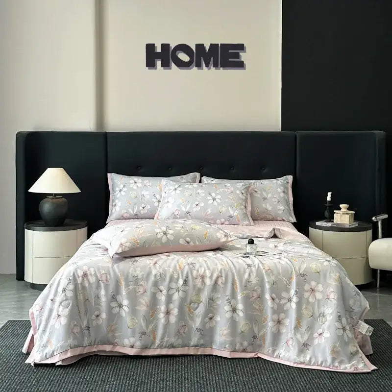 Soft light gray decorbites cool silk quilt set with floral pattern and pink piping for cool silk summer bedding