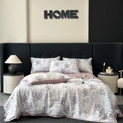 White quilt set with cool silk summer fabric featuring a delicate gray leaf pattern and pink trim by decorbites cool silk