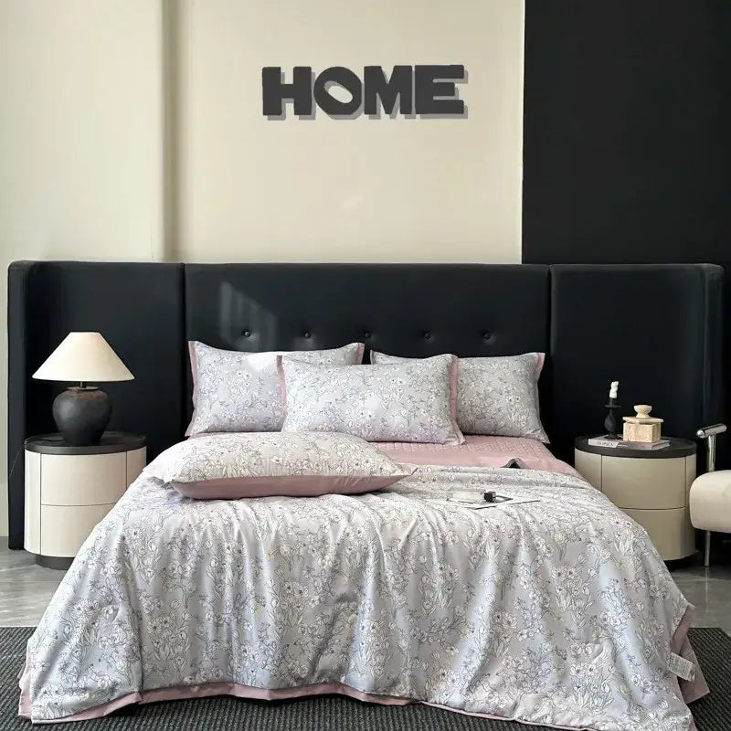 Soft light gray floral duvet cover with pink piping in decorbites cool silk summer quilt set for bedroom bedding