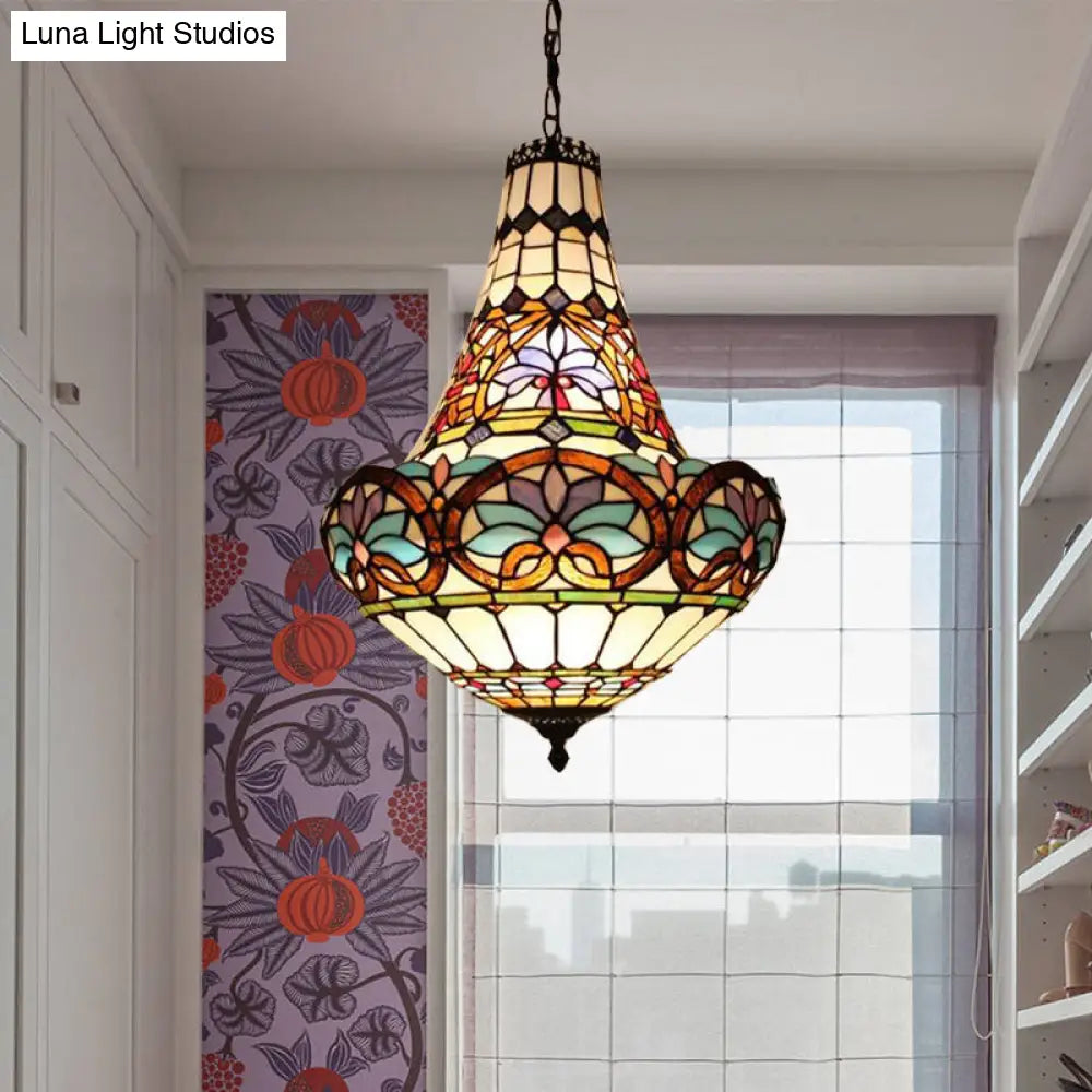 Wide Antique Bronze Flower Chandelier - Tiffany Stained Glass, 3/5 Lights - 12"/16" Pendant