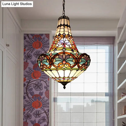 Wide Antique Bronze Flower Chandelier - Tiffany Stained Glass, 3/5 Lights - 12"/16" Pendant