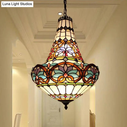 Wide Antique Bronze Flower Chandelier - Tiffany Stained Glass, 3/5 Lights - 12"/16" Pendant