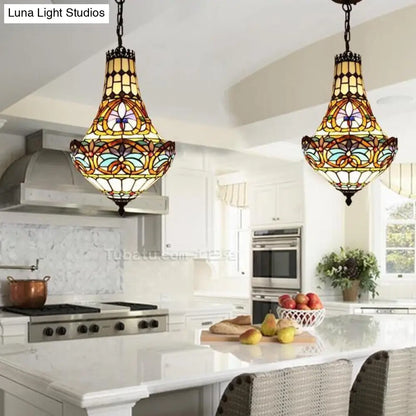 Wide Antique Bronze Flower Chandelier - Tiffany Stained Glass, 3/5 Lights - 12"/16" Pendant