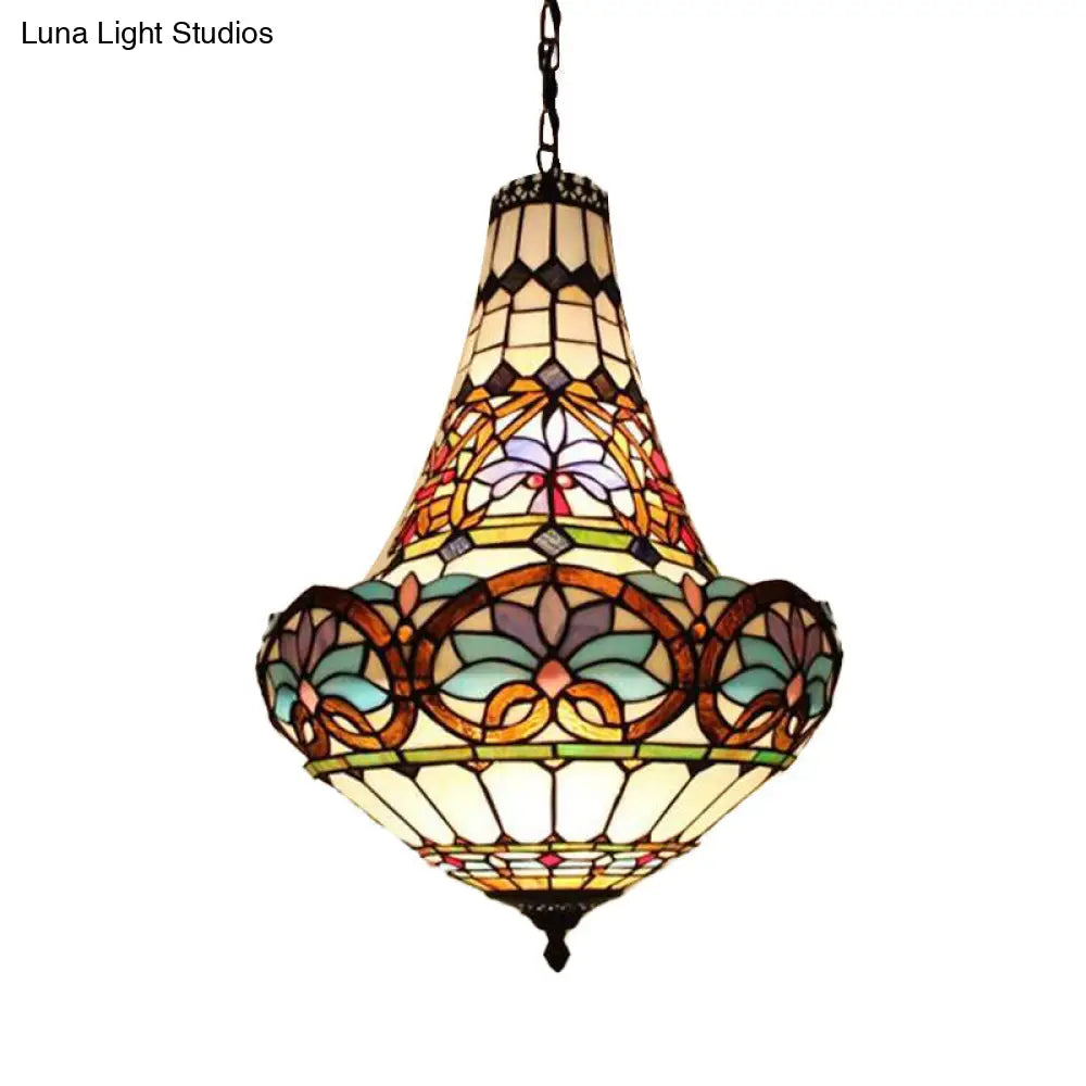 Wide Antique Bronze Flower Chandelier - Tiffany Stained Glass, 3/5 Lights - 12"/16" Pendant