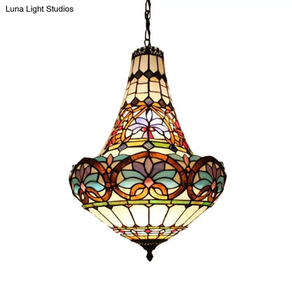 Wide Antique Bronze Flower Chandelier - Tiffany Stained Glass, 3/5 Lights - 12"/16" Pendant