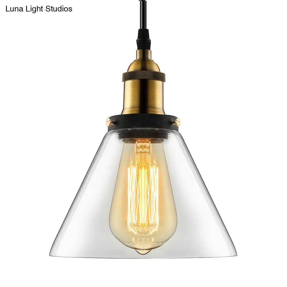 Wide Cone Pendant Light - Industrial Grey/Brown/Clear Glass Hang Lamp - 5.5"/7" - Bronze