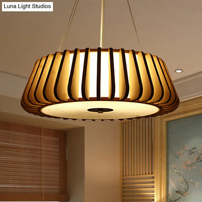 Wide Tapered Suspension Lighting - Traditional Wood 1-Bulb Nickel Hanging Ceiling Light - 19.5"/23.5