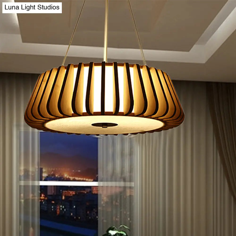 Wide Tapered Suspension Lighting - Traditional Wood 1-Bulb Nickel Hanging Ceiling Light - 19.5"/23.5