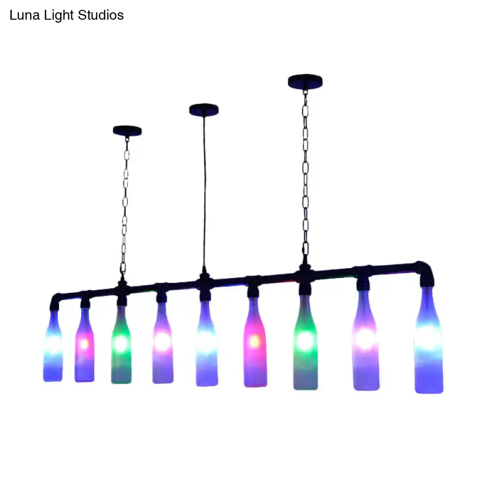 Decorbites™ art deco island pendant light with black metal pipe frame and nine colorful glass bottle leds, adjustable chain cord length