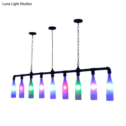 Decorbites™ art deco island pendant light with black metal pipe frame and nine colorful glass bottle leds, adjustable chain cord length