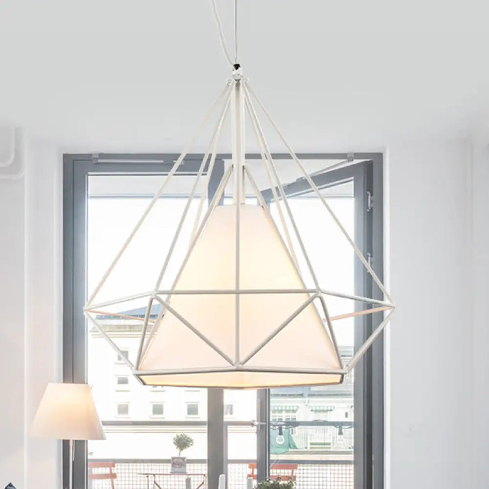 Wire Frame Pendant Light with Fabric Shade - Loft White Metal Ceiling Lighting for Coffee Shop