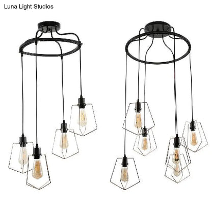 Wire Frame Vintage Style Metal Geometric Suspension Light - 4/6 Lights - Dining Room Hanging Lamp (Black/Gold)