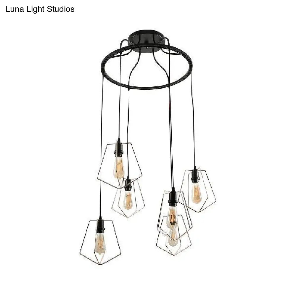 Wire Frame Vintage Style Metal Geometric Suspension Light - 4/6 Lights - Dining Room Hanging Lamp (Black/Gold)