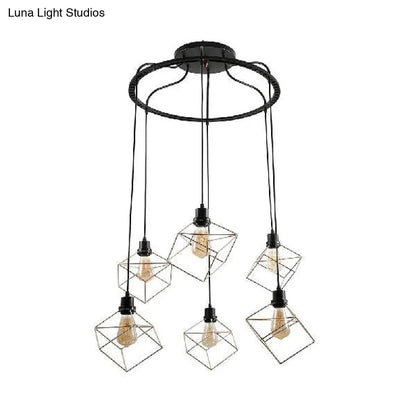 Wire Frame Vintage Style Metal Geometric Suspension Light - 4/6 Lights - Dining Room Hanging Lamp (Black/Gold)