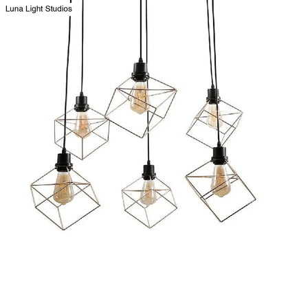 Wire Frame Vintage Style Metal Geometric Suspension Light - 4/6 Lights - Dining Room Hanging Lamp (Black/Gold)