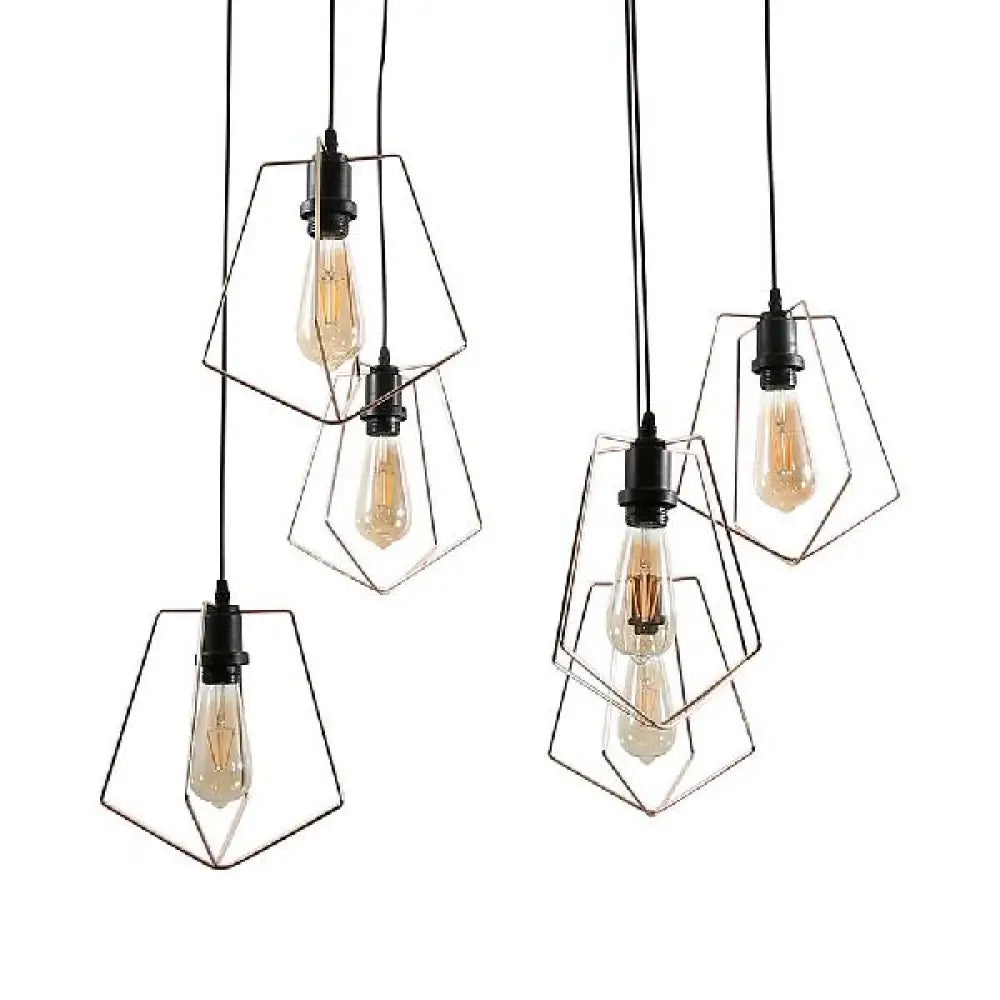 Wire Frame Vintage Style Metal Geometric Suspension Light - 4/6 Lights - Dining Room Hanging Lamp (Black/Gold)