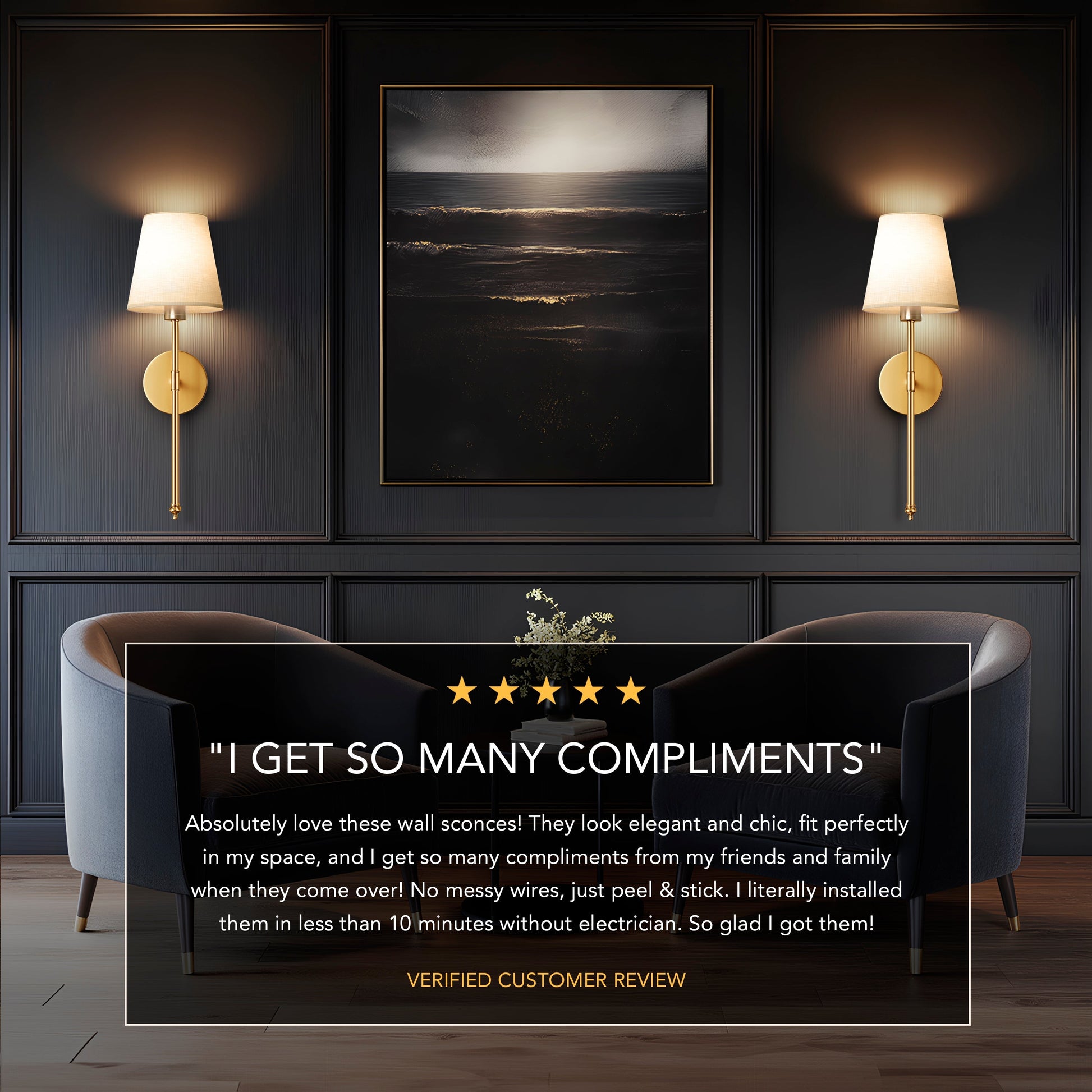 Wall sconces with a customer review.