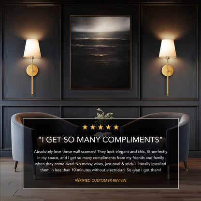 Wall sconces with a customer review.