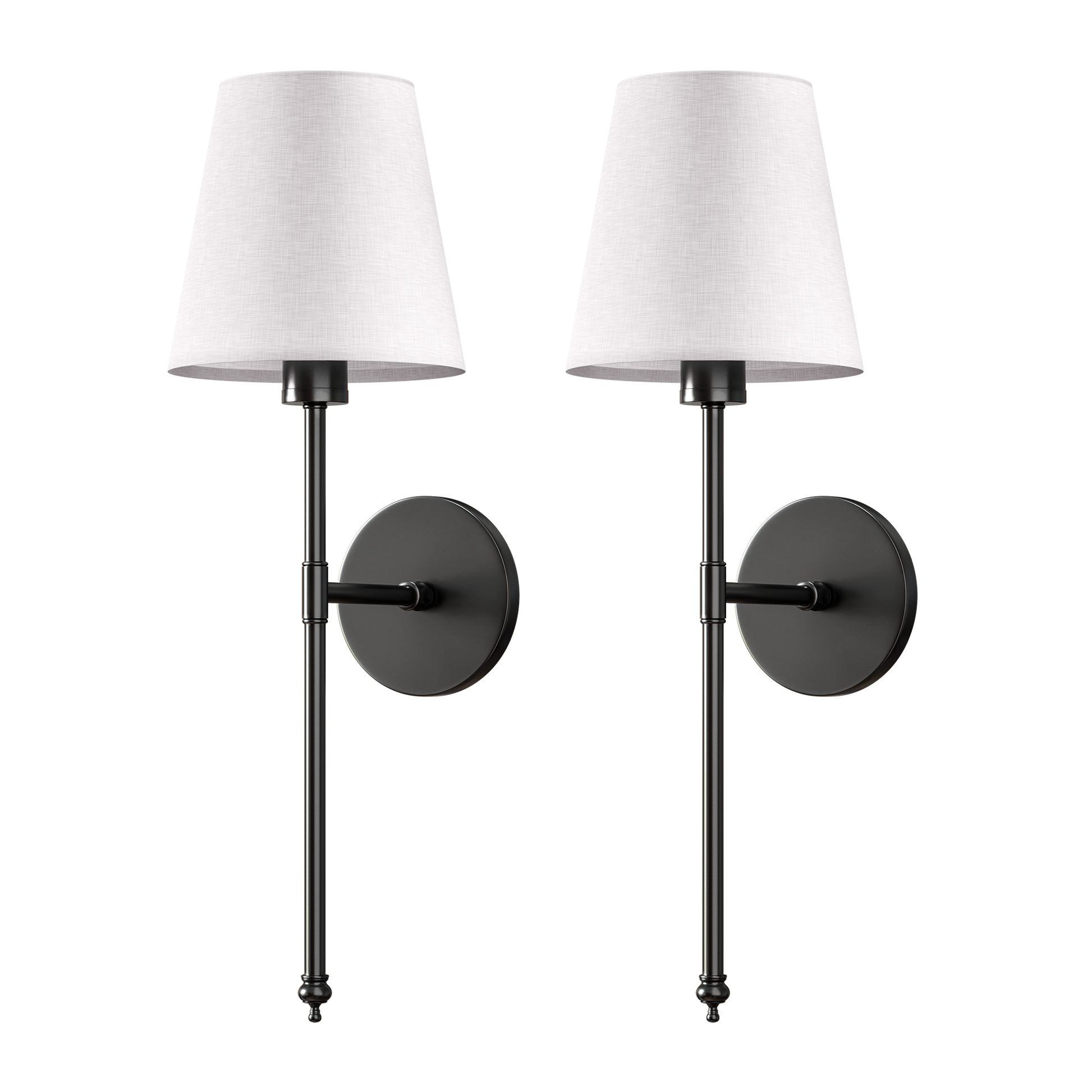 Two wall sconces with white shades.