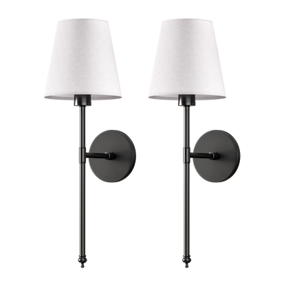 Two wall sconces with white shades.