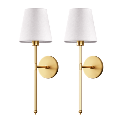 Two brass wall sconces with white shades.
