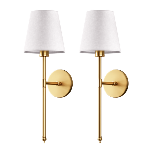 Two brass wall sconces with white shades.