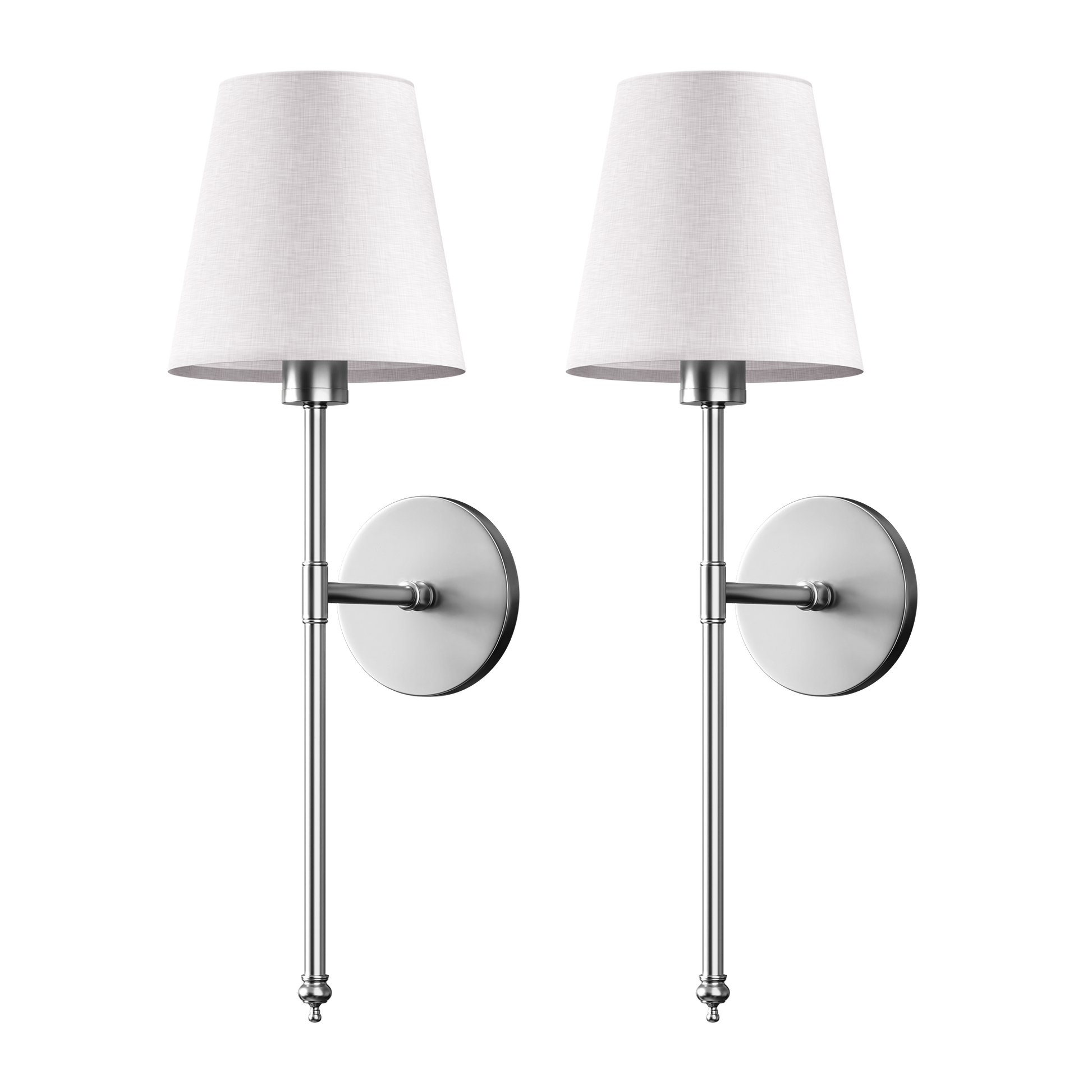 Two silver sconces with white shades.