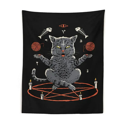 Black witchcraft cat coven tapestry featuring a gray cat meditating on an orange pentagram for bedroom decor