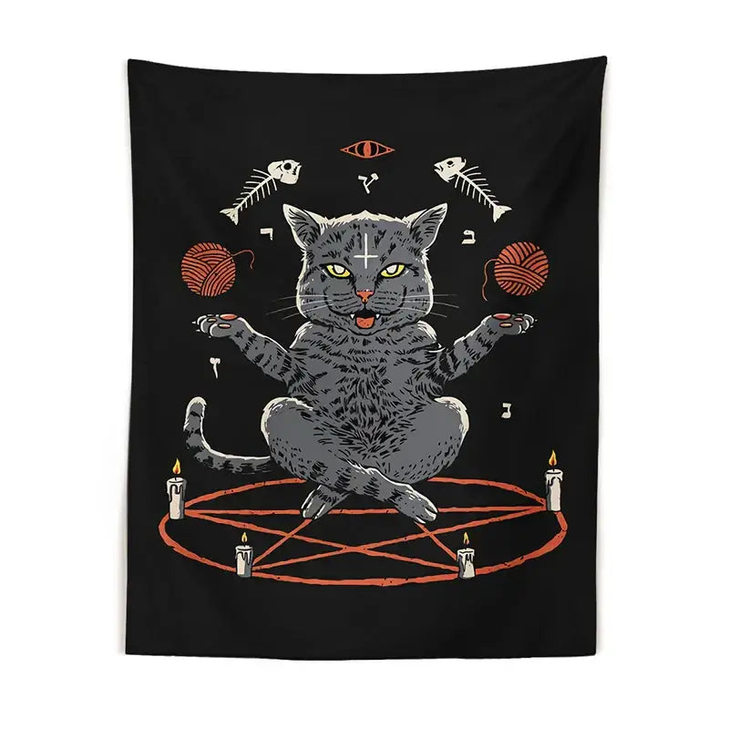 Black witchcraft cat coven tapestry featuring a gray cat meditating on an orange pentagram for bedroom decor