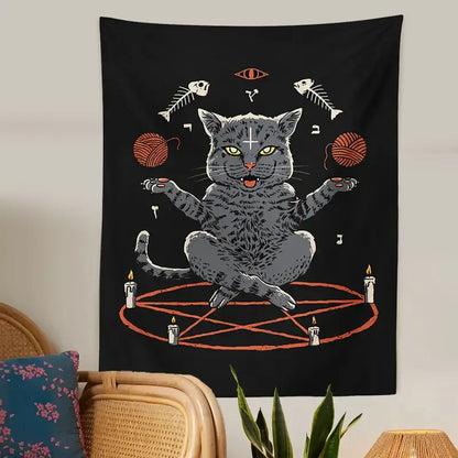 Witchcraft black cat coven tapestry featuring a gray cat on an orange pentagram with candles for bedroom decor