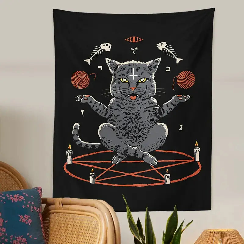 Witchcraft black cat coven tapestry featuring a gray cat on an orange pentagram with candles for bedroom decor