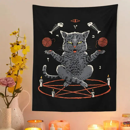 Black cat coven tapestry featuring a gray cat with green eyes on a pentagram surrounded by candles and skeletal fish