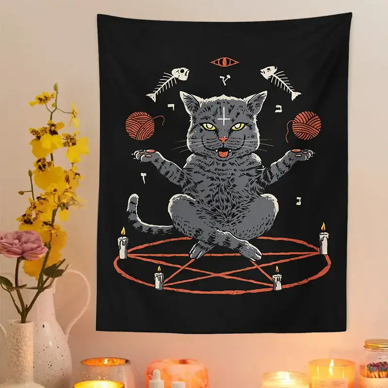Black cat coven tapestry featuring a gray cat with green eyes on a pentagram surrounded by candles and skeletal fish