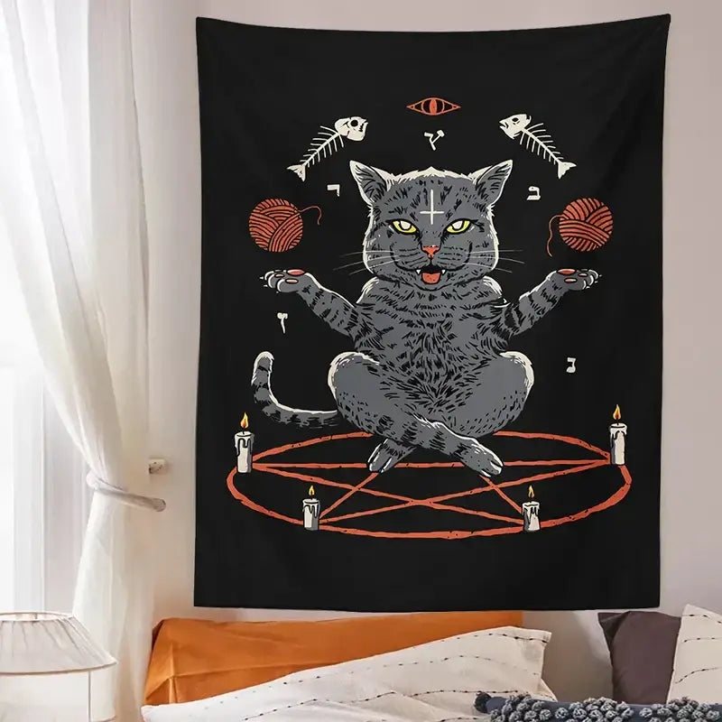 Black cat coven tapestry featuring a gray cat with yellow eyes meditating on an orange pentagram surrounded by candles and yarn balls
