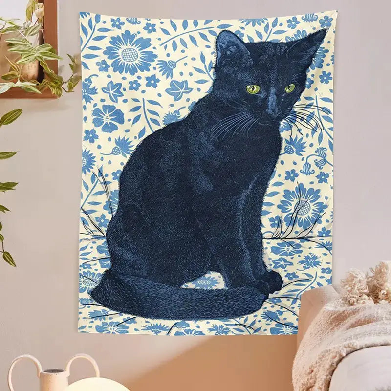 Witchcraft black cat tapestry wall hanging with embroidered texture and vibrant green eyes on cream blue floral decorbites black cat