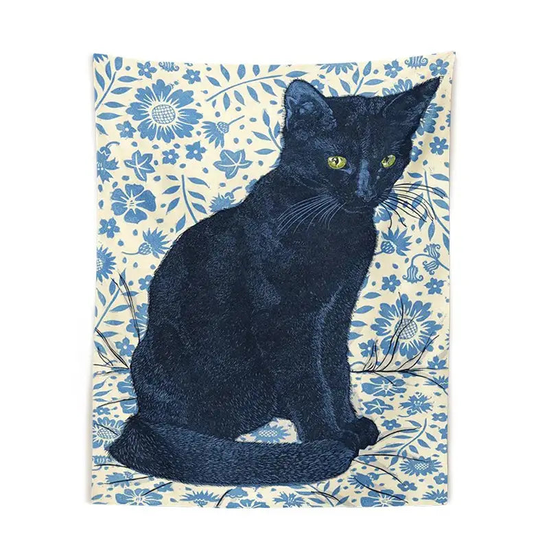Witchcraft black cat tapestry wall hanging with embroidered texture and glowing green eyes on cream blue floral decorbites black cat decor