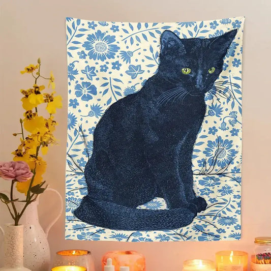 A black cat with green eyes on a blue and white floral witchcraft black cat tapestry wall hanging decorbites black cat