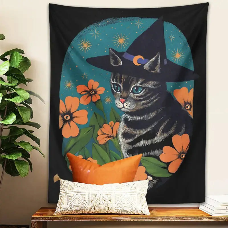 Black tapestry wall hanging featuring a gray tabby cat with a witch hat on a starry teal background for decorbites cat tapestry