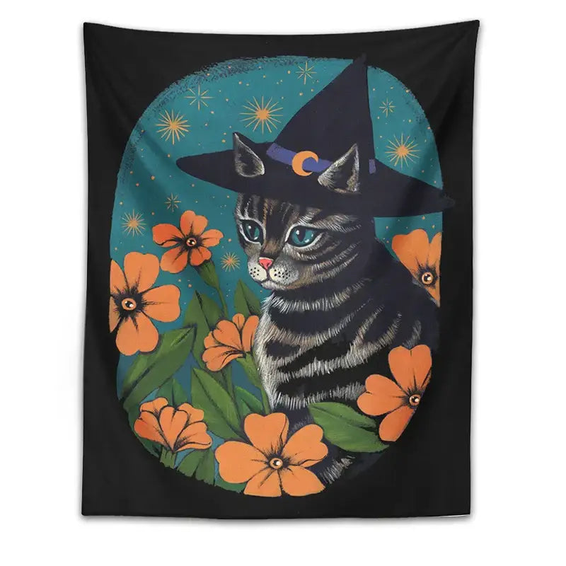 Black tapestry wall hanging featuring a gray tabby cat with a witch hat, orange flowers, and teal starry background decorbites cat tapestry