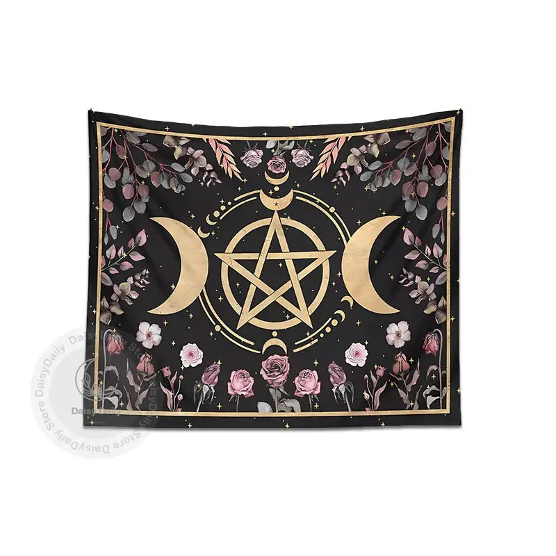 Black and gold botanical floral moon tapestry with gold pentagram, crescent moons, and pink roses for living room decor