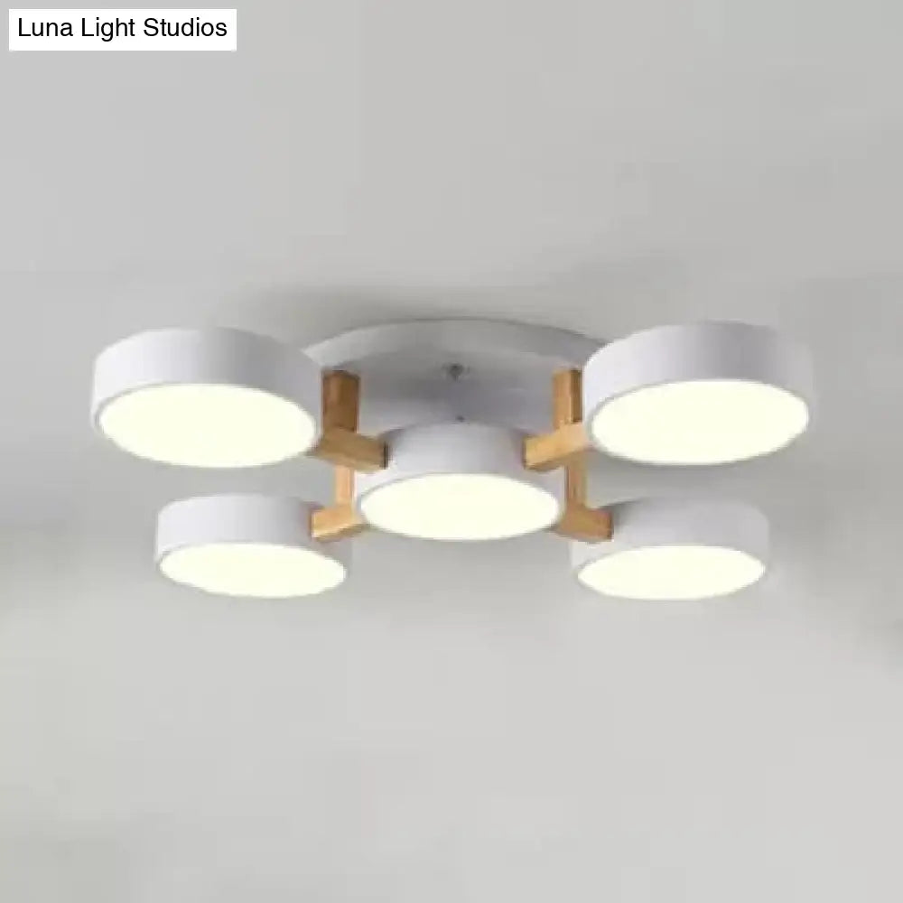 DecorBites™ DecorBites™ Wood and Metal Drum Ceiling Light - 5 Head Macaron Design for Living Room - Semi Flush Mount Loft Lighting